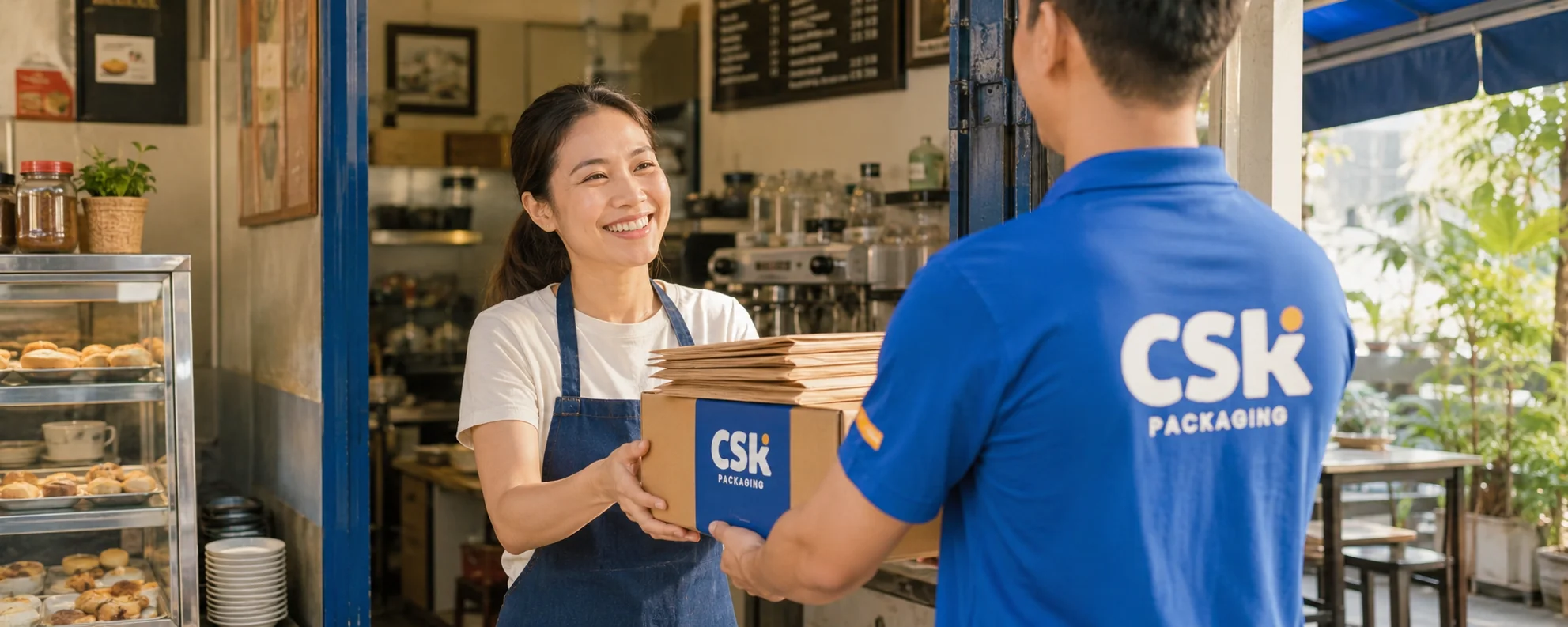 CSK staff delivering packaging to a cafe owner